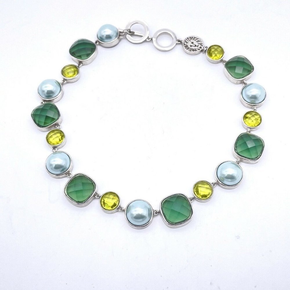 $48 Ann Klein Silver Tone Faceted Stone Necklace Green Tones